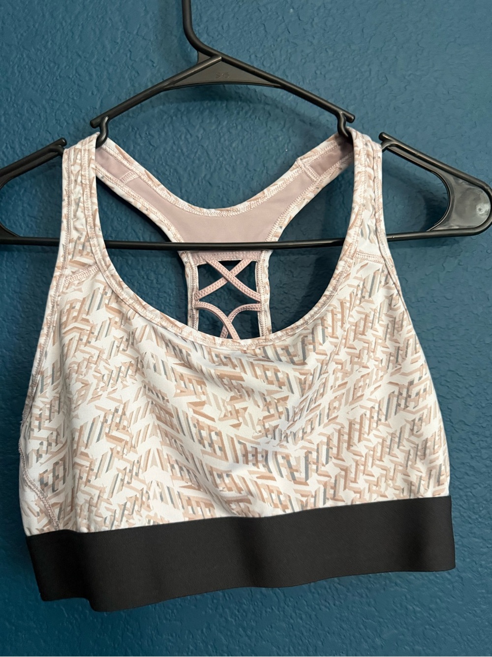 Printed Racerback Sports Bra in Light Pink and Cream with Black Band